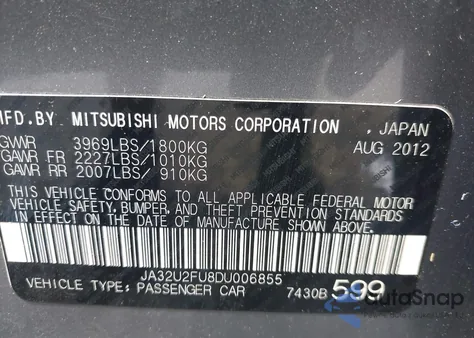 2013 Mitsubishi Lancer Es из США, поврежденный, VIN JA32U2FU8DU006855